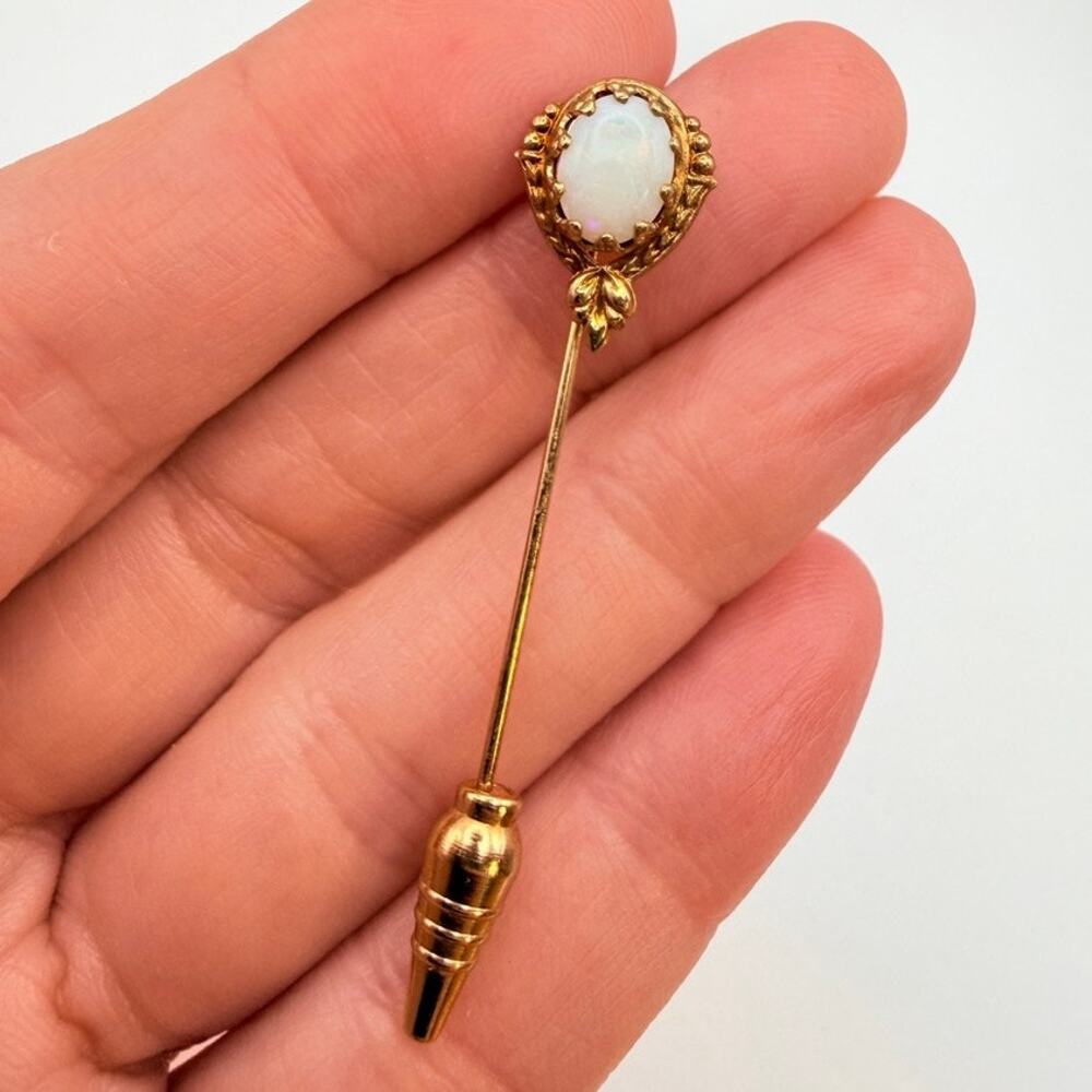 Antique Victorian 12K Gold Filled Genuine Opal Stick Pin Ornate Leaf Frame